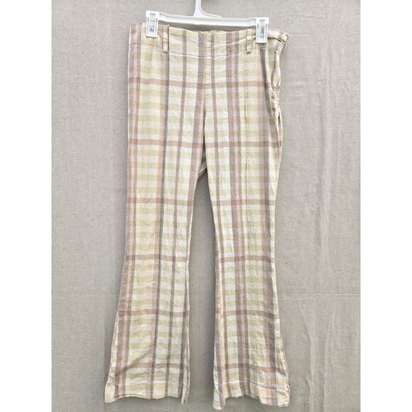 Free People The Way You Move Natural Plaid Linen Pants Edgy 70s Boho Size 12 - Picture 1 of 12
